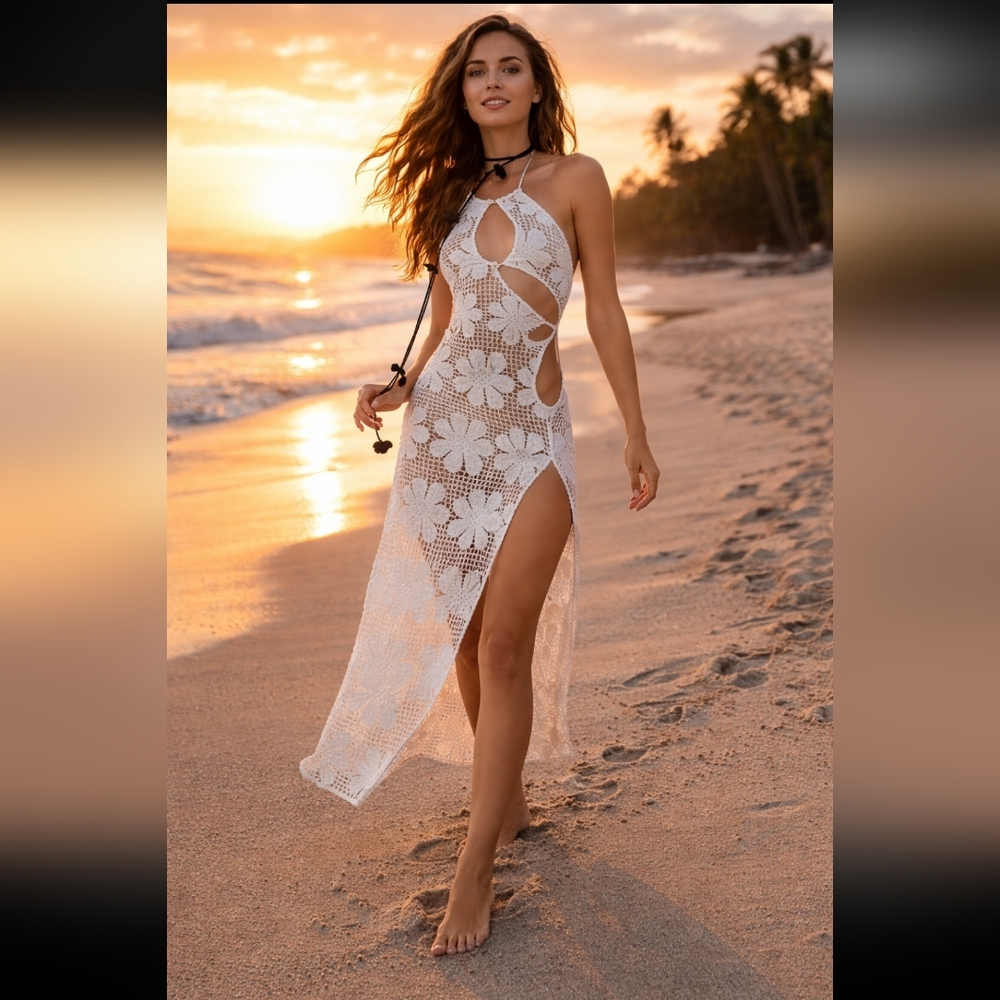 For Love And Lemons White Mitra Crochet Beach Cover-Up Dress